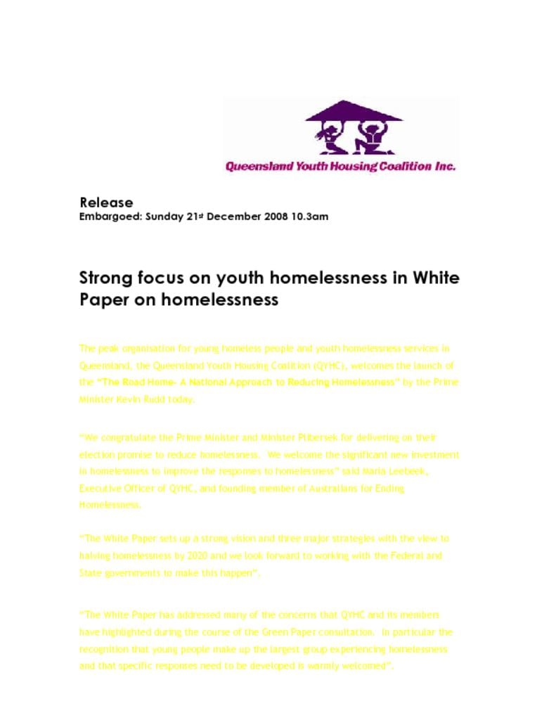 Media release 2008 December – White Paper on Homelessness