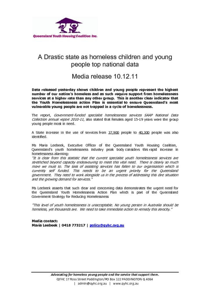Media release 2011 December 10 – A drastic state as children and young people top national data