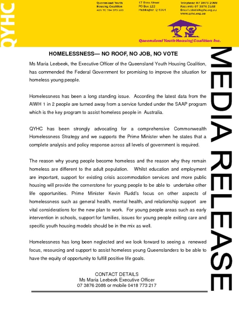 Media release 2008 January – No roof, no job, no vote