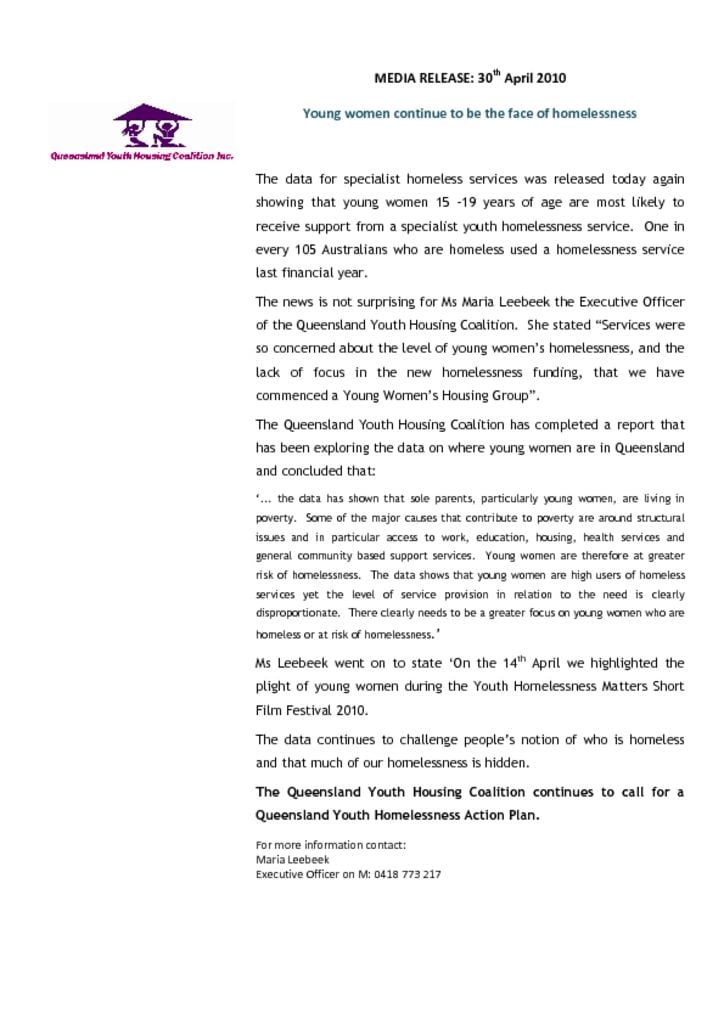 Media release 2010 April 30 – Young Women continue to be the face of homelessness