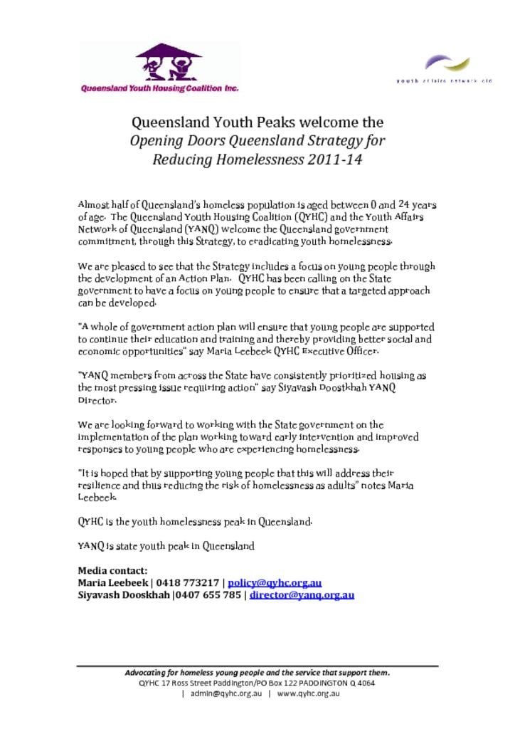 Media release 2011 July 21 – Youth Peaks welcome Queensland Strategy for Reducing Homelessness